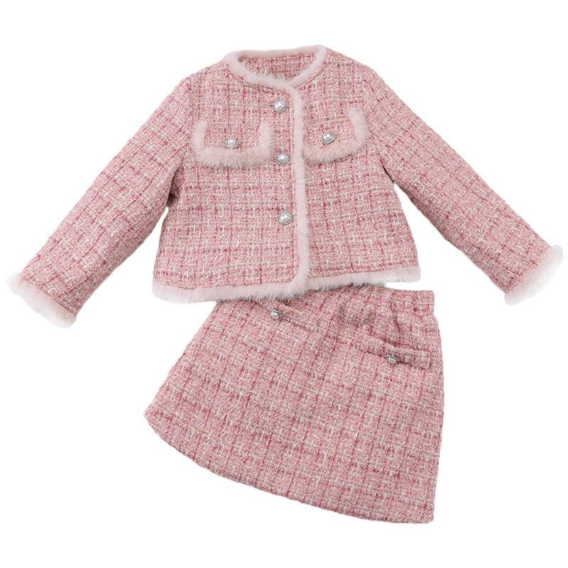 Frühling Winter Mädchen Kinder 2 Stücke Tweed Kleidung Sets Mode Kinder Anzüge für 1-10 Jahre kinder Baumwolle Gefütterte Jacke Mantel + Rock 140 rosa