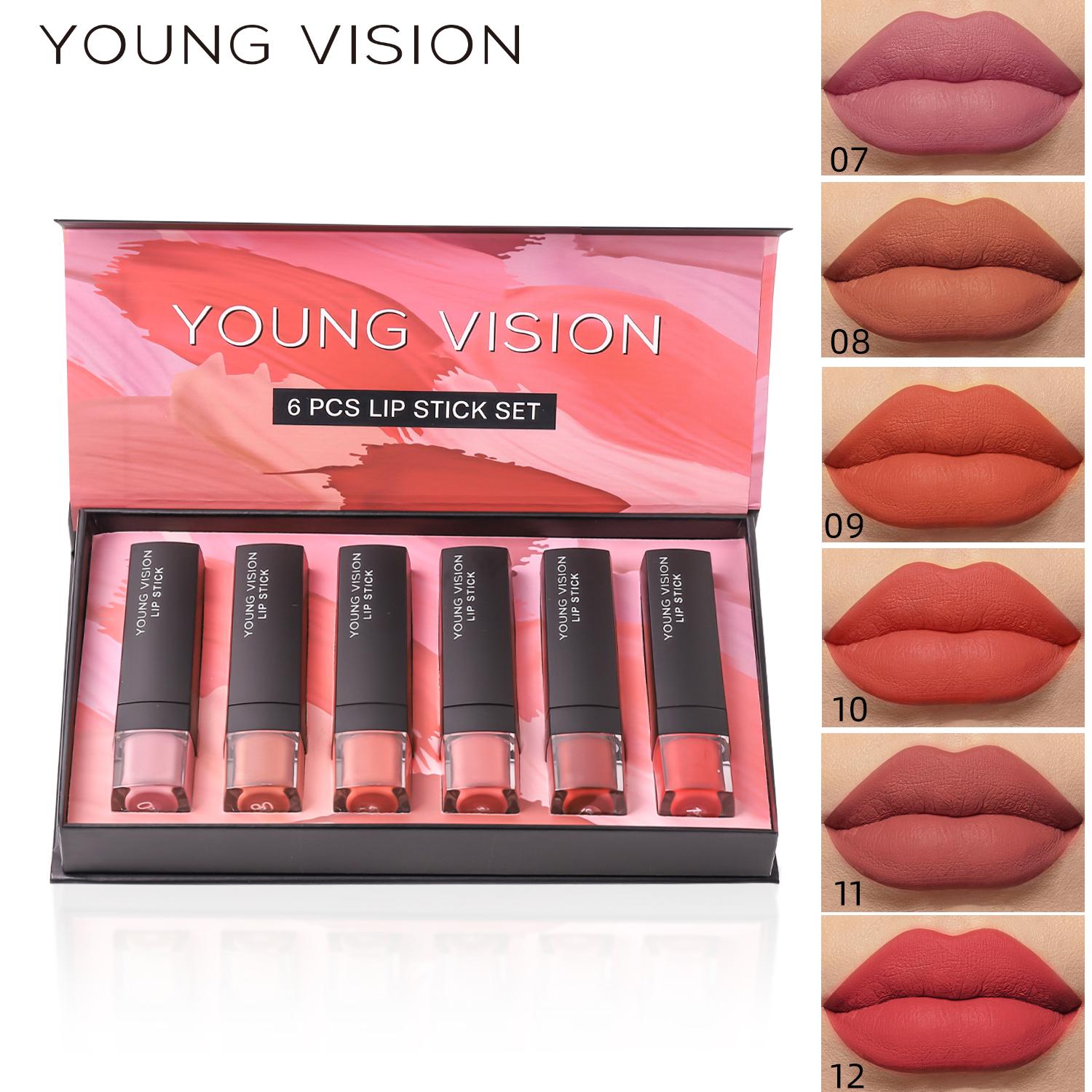 6 Stück / Set YOUNGS VISION mattes Lippenstift-Geschenkbox-Set nicht an der Tasse haftender Lippenstift samtiger feuchtigkeitsspendender Lippenstift