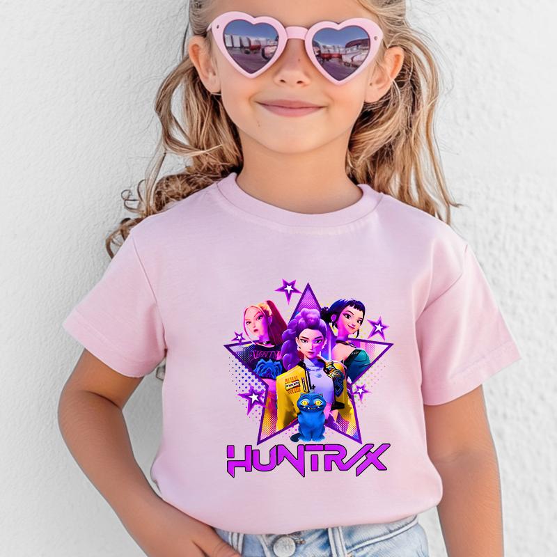 Kpop Dämonenjäger HuntrX Kinder T-Shirt Mädchen Jungen Cartoon T-Shirt Sommer Freizeit Kurzarm T-Shirt Bequeme Kinderkleidung 140