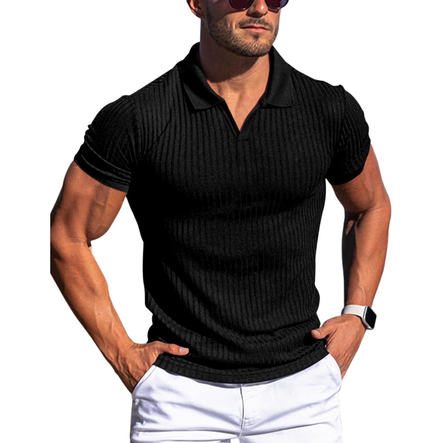 Herren-Poloshirts mit V-Ausschnitt und Muscle-Car-Design, Slim Fit, kurzärmlige Golf-T-Shirts, weiche Rippstrick-T-Shirts, Sommerpullover mit Kragen für Männer, atmungsaktive T-Shirts M schwarz