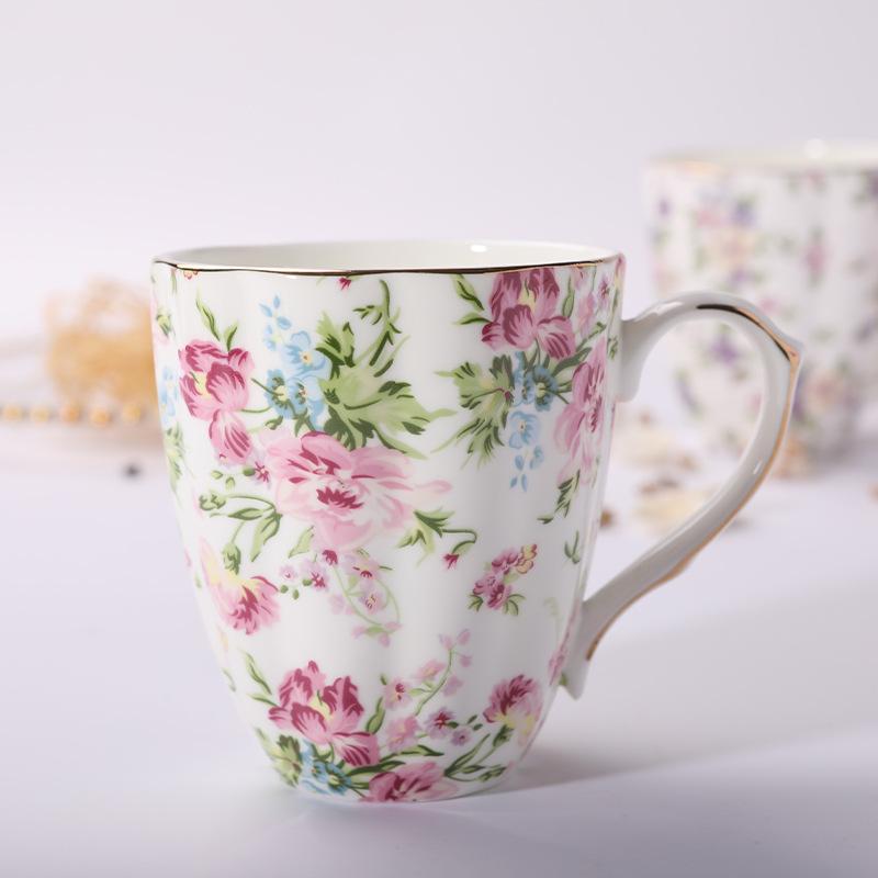 Bone China Kaffeetassen mit Goldrand, Porzellan Teetasse 450ml, Florale Teetassen für Frauen Geburtstags-Weihnachtsgeschenke FlowerSea