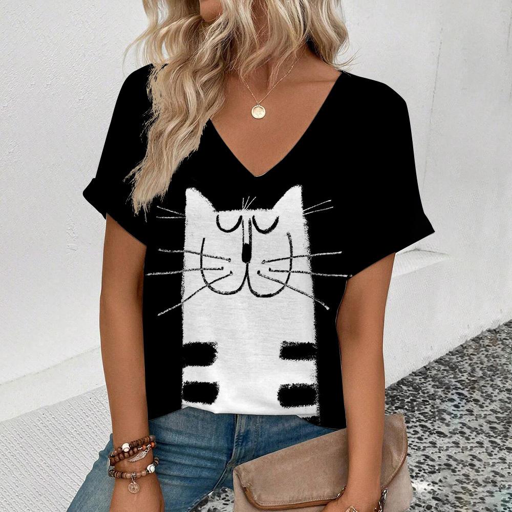 2024 Top Damen Sommer Damen V-Ausschnitt T-Shirt Lustiges Katzen Muster Druck T-Shirt Mode Damen Freizeit Kurzarm T-Shirt XL