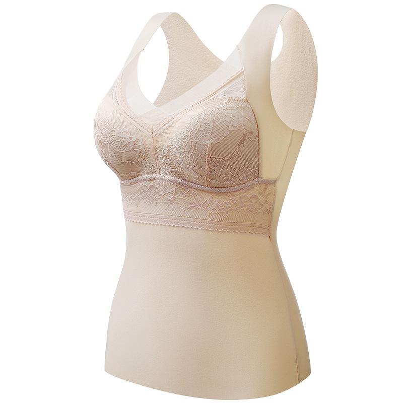 Damen Herbst und Winter Spitzen-Samt-Thermoweste, Damen-gestickte, feste One-Cup-Schlank-Unterwäsche, verdickte Thermo-Unterwäsche L beige