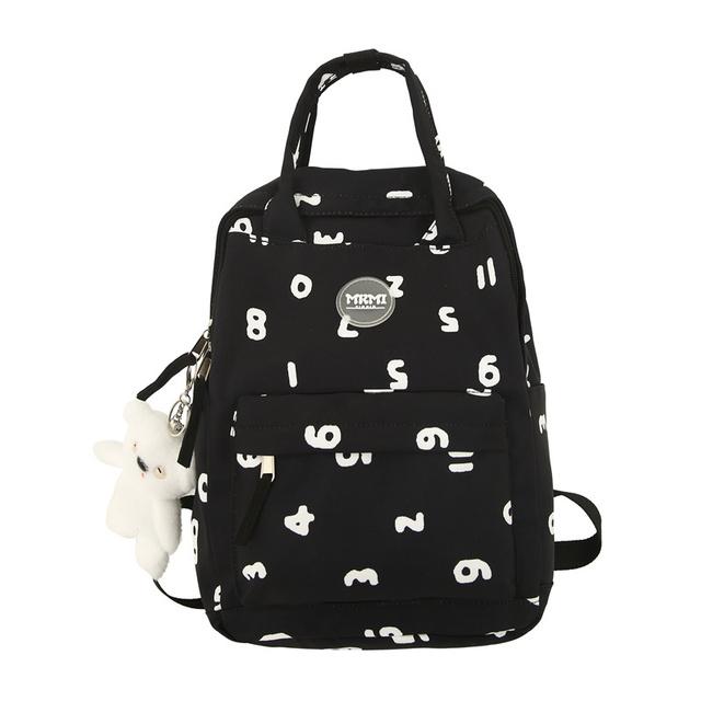 Buchstaben Druck Damen Nylon Wasserdicht Laptop Bücher Taschen Mädchen Niedlich Reise Schultasche Dame Mode Weiblich College Rucksack Freizeit With bear doll schwarz