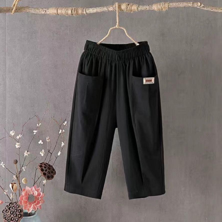 JKASHDK Baumwolle Hanf Cropped Hose Damen Frühling Sommer Übergröße Locker Leinen Elastischer Bund Hose M schwarz
