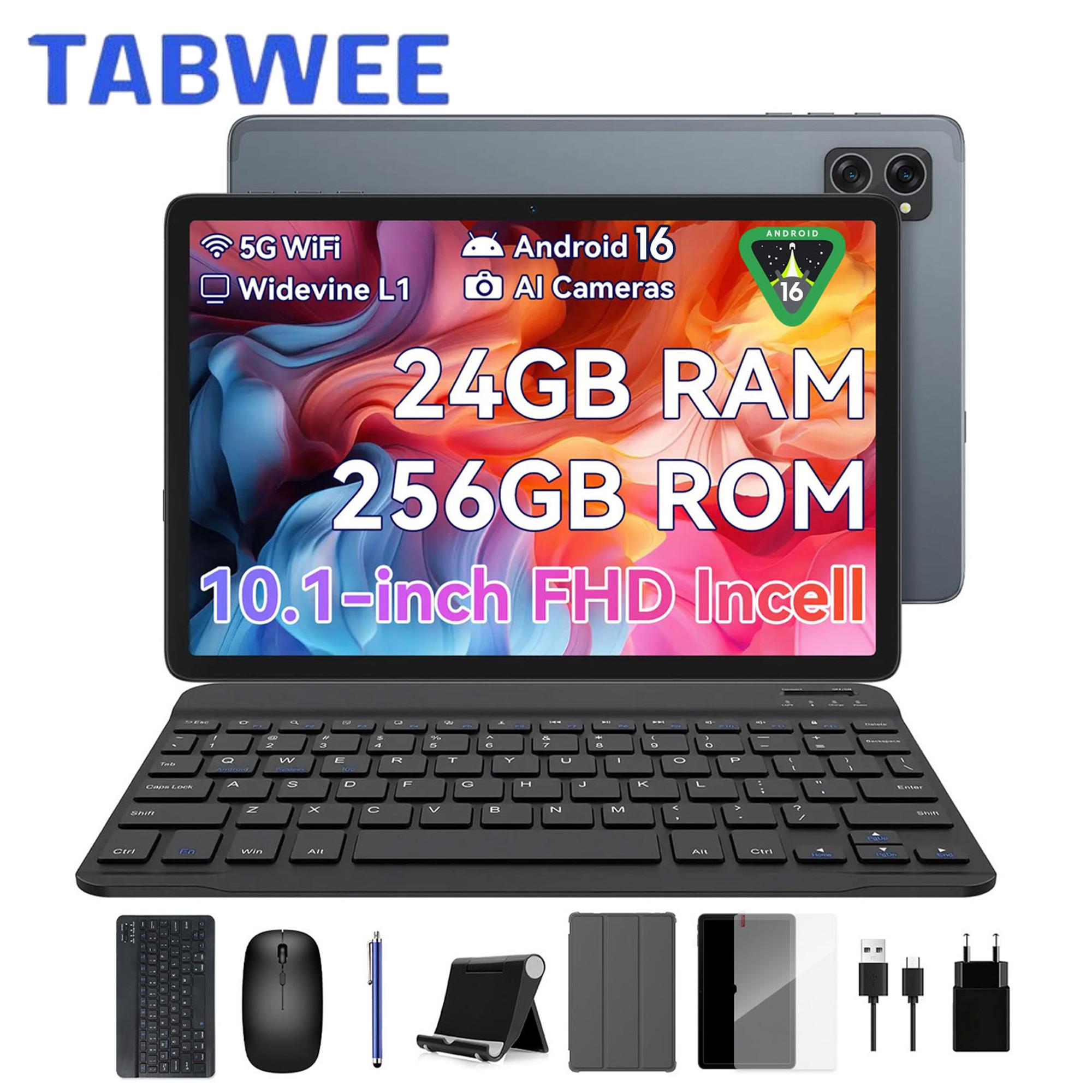 TABWEE T20 Android 16 24GB RAM 256GB ROM Tablet 10,1 Zoll 1280x 800 FHD Display Octa Core UMS9230 T606 PC Tablet mit Tastatur grau