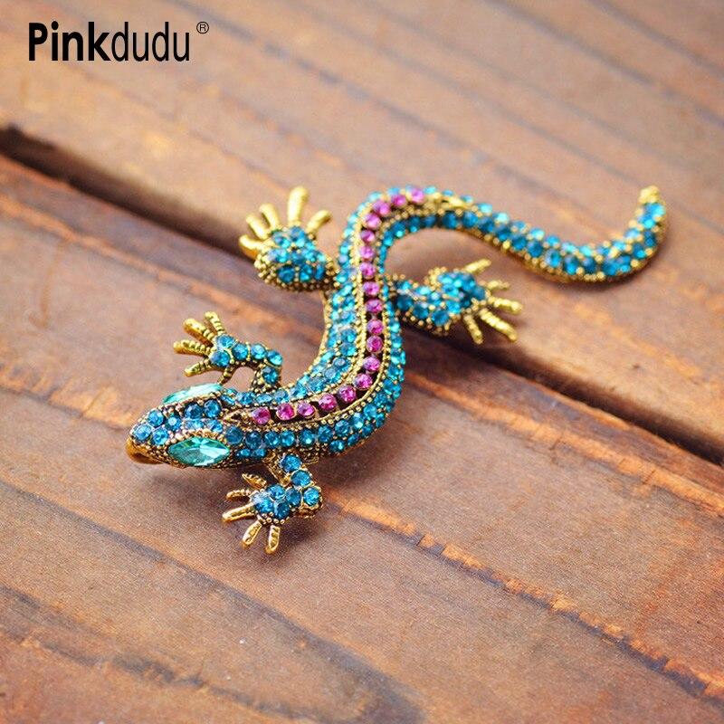 Pinkdudu Mode Legierung Intarsien Strass Gecko Brosche Retro Farbige Tier Brosche für Frauen Schmuck Zubehör Geschenke PD532 himmelblaue