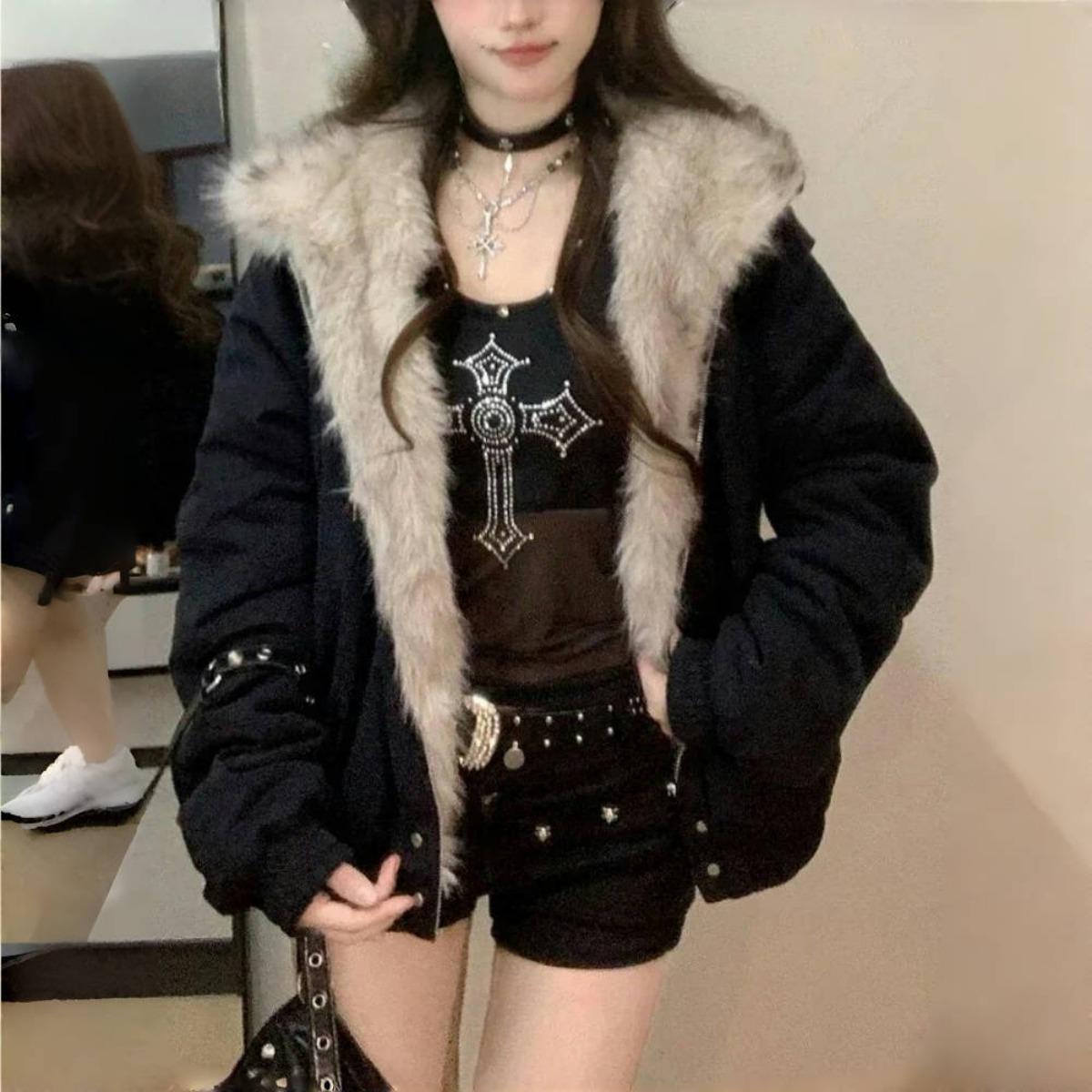 2KWEIRD Winter Neu Elegant Liner Pelz Lockerer Mantel Damen Y2k Pelzkragen Kapuze Dicke Mode Parkas Lässige Oberbekleidung Baumwollgepolsterte Jacken XL black