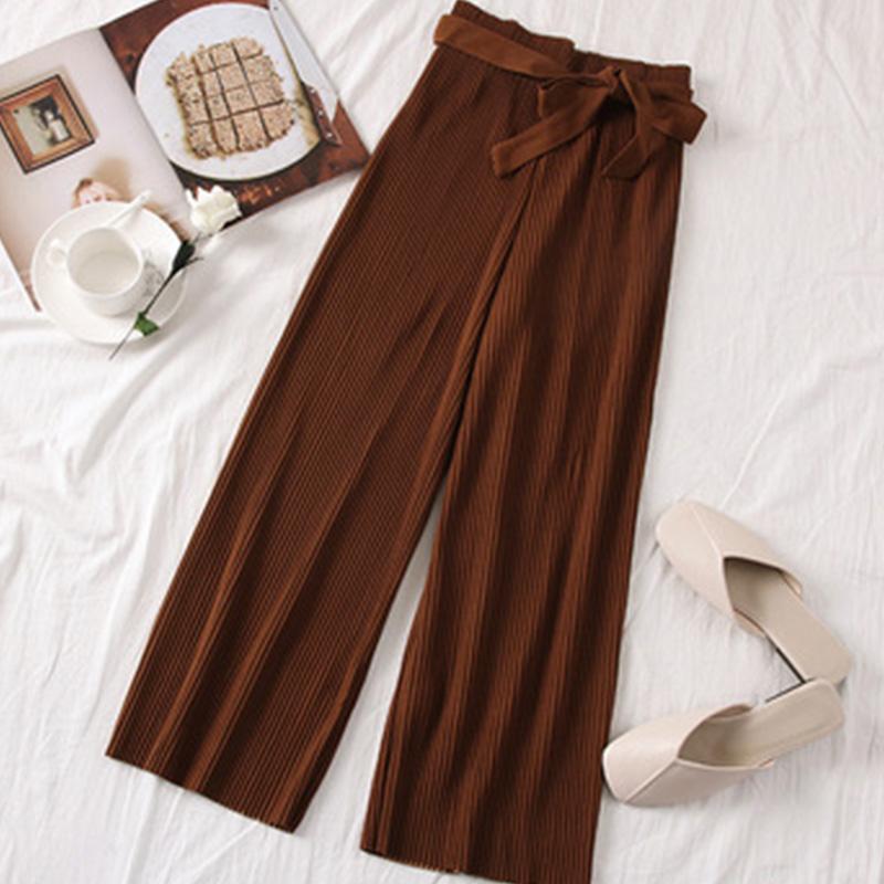 Herbst Breite Bein Hosen Frauen Casual Hohe Taille Hosen mit Bogen Gürtel Neue Plissee Hose Hosen Femme braun