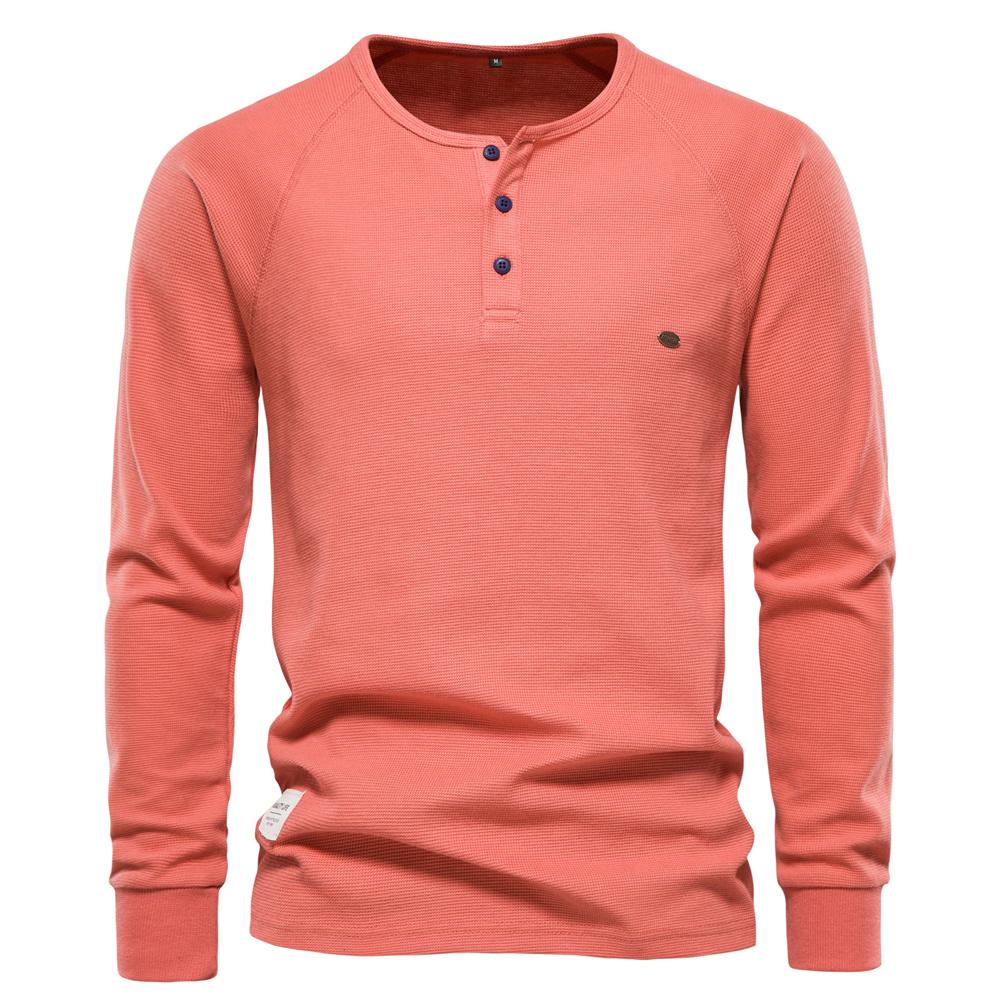 AIOPESON Herren-Langarm-T-Shirt 2022, Henley-Kragen, Waffel-Langarm, einfach, atmungsaktiv, Herren-T-Shirts, einfarbig, Tops, Herren, Designer-T-Shirt für Herren XL 80-90 kg orange