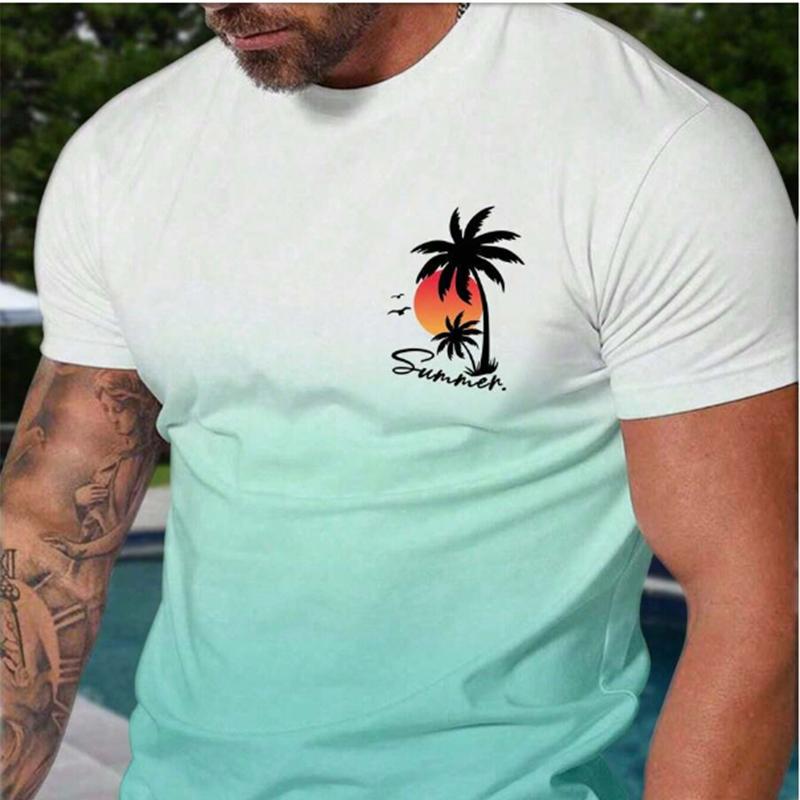 Neues Sommer-T-Shirt für Herrenmode mit Strand-Sonnenuntergang-Aufdruck für Herren L hellblaue