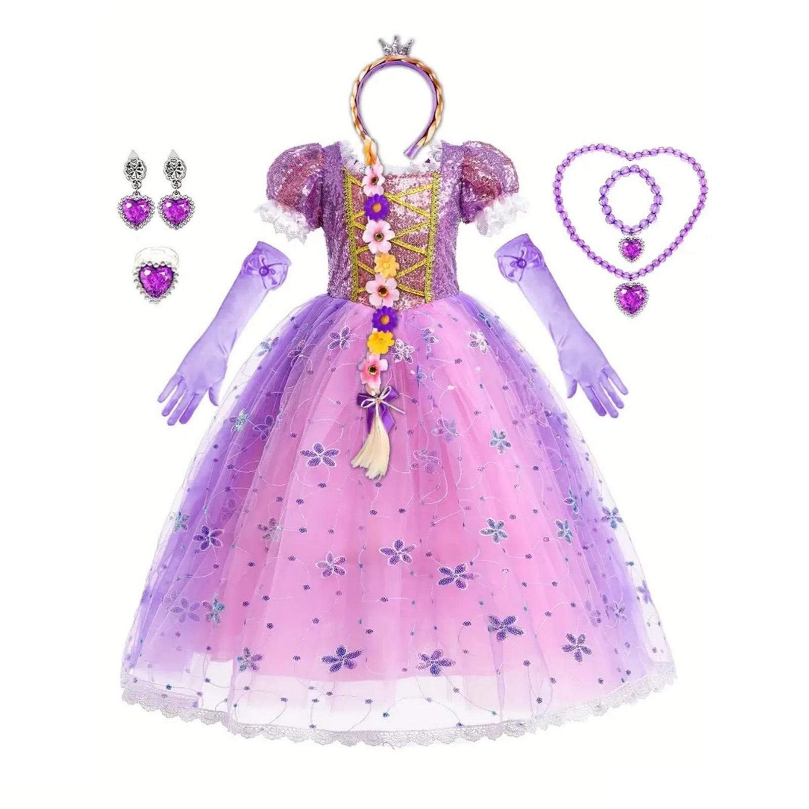 Rapunzel Kleid Prinzessin Kostüm für Baby Mädchen Cosplay Party Kleid Tangled Geburtstagsgeschenk Halloween Kinder Kostüm 2-10 Jahre 120(6-7T) violett