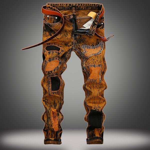 Herrenmode Plissee Jeans Hose Zerrissene Multi-Pocket-Motorrad Gerade Männliche Patchwork Hose Lässige Männer Elastische Loch Denim Hose 42 gelb