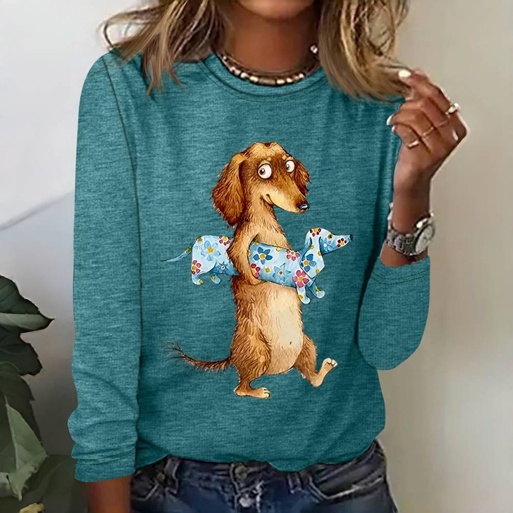 Lustige T-Shirts mit Dackel-Muster und langen Ärmeln, Herbst-Baumwolle, Rundhalsausschnitt, Damen-T-Shirts, modische Damenkleidung, Pullover 8xl