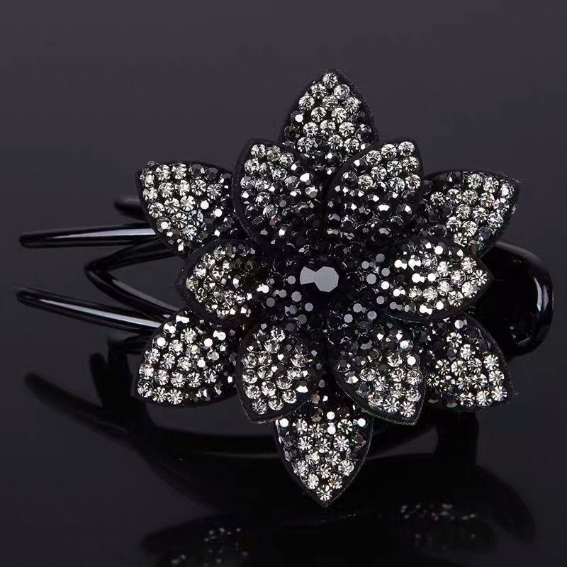 Neue Blumen-Strass-Schwalbenschwanz-Clip, große, elegante, runde Haar-Blumen-Haarspange schwarz