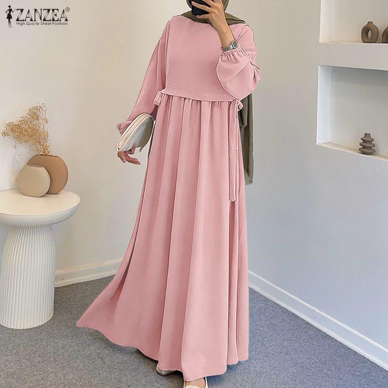 ZANZEA Muslimische Damen Lässig Rundhals Langarm Locker Langes Kleid 3XL rosa
