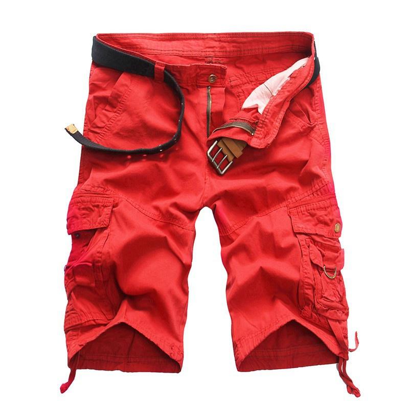 Herren-Cargo-Shorts, lockere Camouflage-Shorts mit mehreren Taschen, einfarbige Shorts, mittelhohe All-Match-Shorts 29 rot