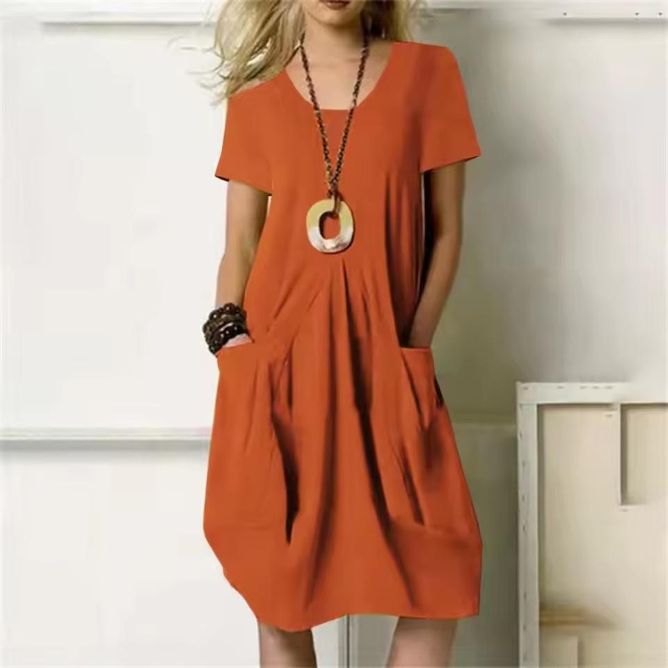 Einfarbiges Freizeitkleid für Damen, übergroß, O-Ausschnitt, kurzärmelig, Kleider mit Tasche, Alltagskleidung, Übergröße, modisches Sommerkleid für Damen 3XL orange