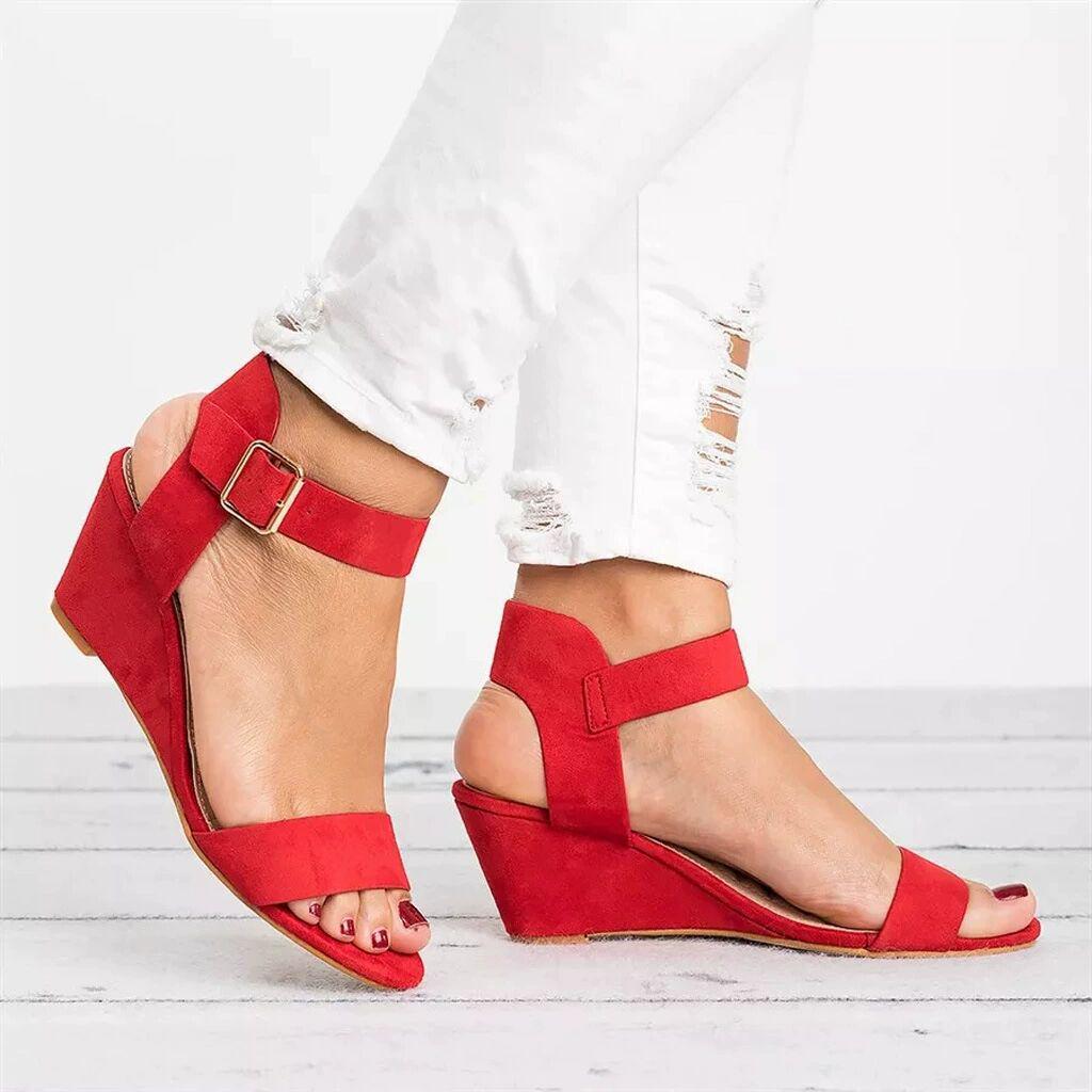Übergröße Damen Peeptoe Keilsandalen - Einfarbig, Europäisch/Amerikanischer Stil, Offene Zehenpartie, Einriemen-Schnalle, Hoher Absatz, Outdoor-Bekleidung, Größe 43 40 rot