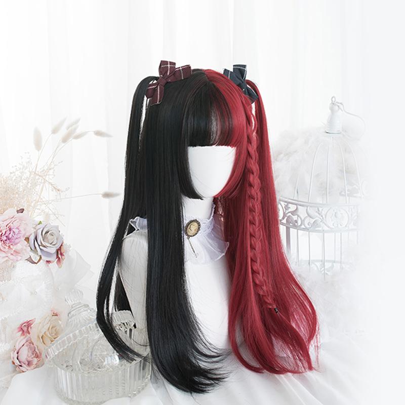 Rot-Schwarz-Blond-Weiß-Synthetik-Lolita-Perücken für Frauen, lange, glatte Perücke mit Pony, Genshin Impact Cosplay-Perücke black