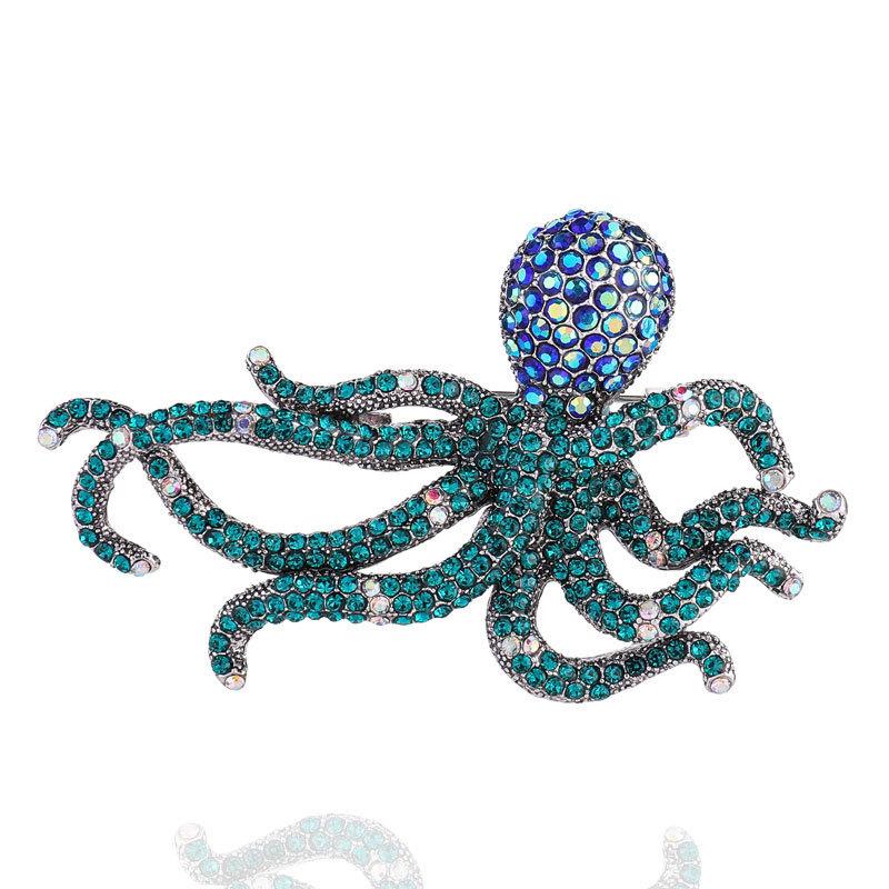 Retro personalisierte Volldiamant-Oktopus-Brosche, kreative diamantbesetzte Oktopus-Anstecknadel blau