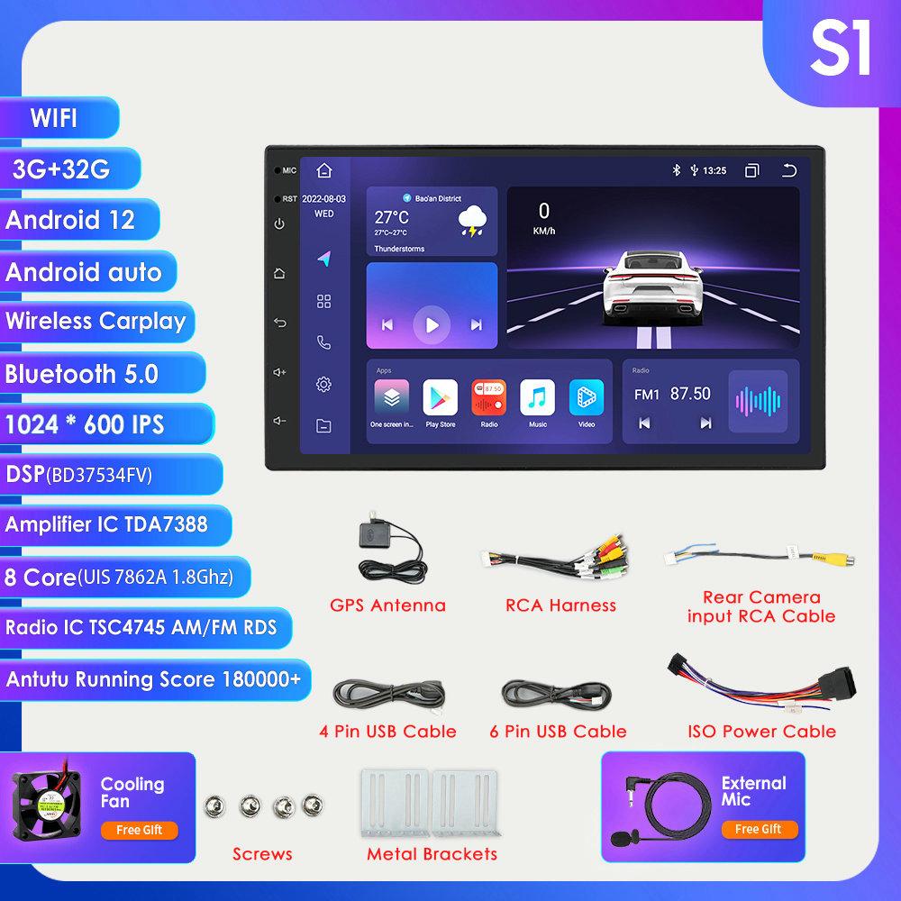 Autoradio Hizpo 2 GB + 32 GB Carplay 7 Zoll 2 Din Android Universal Auto Multimedia Player Stereo 2Din Video Autoradio Head Unit Stereo Navigation GPS WiFi S1 8Core 3G 32G