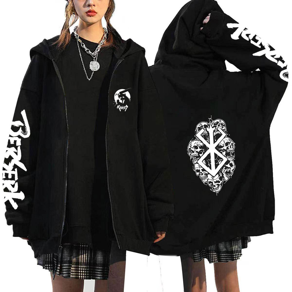 Berserk Japanischer Anime Reißverschluss-Hoodies Sweatshirts Damen Herren Hoodie Harajuku Cartoon Jacken Unisex Mäntel Oberteile Hip Hop Hoody Streetwear 3XL schwarz