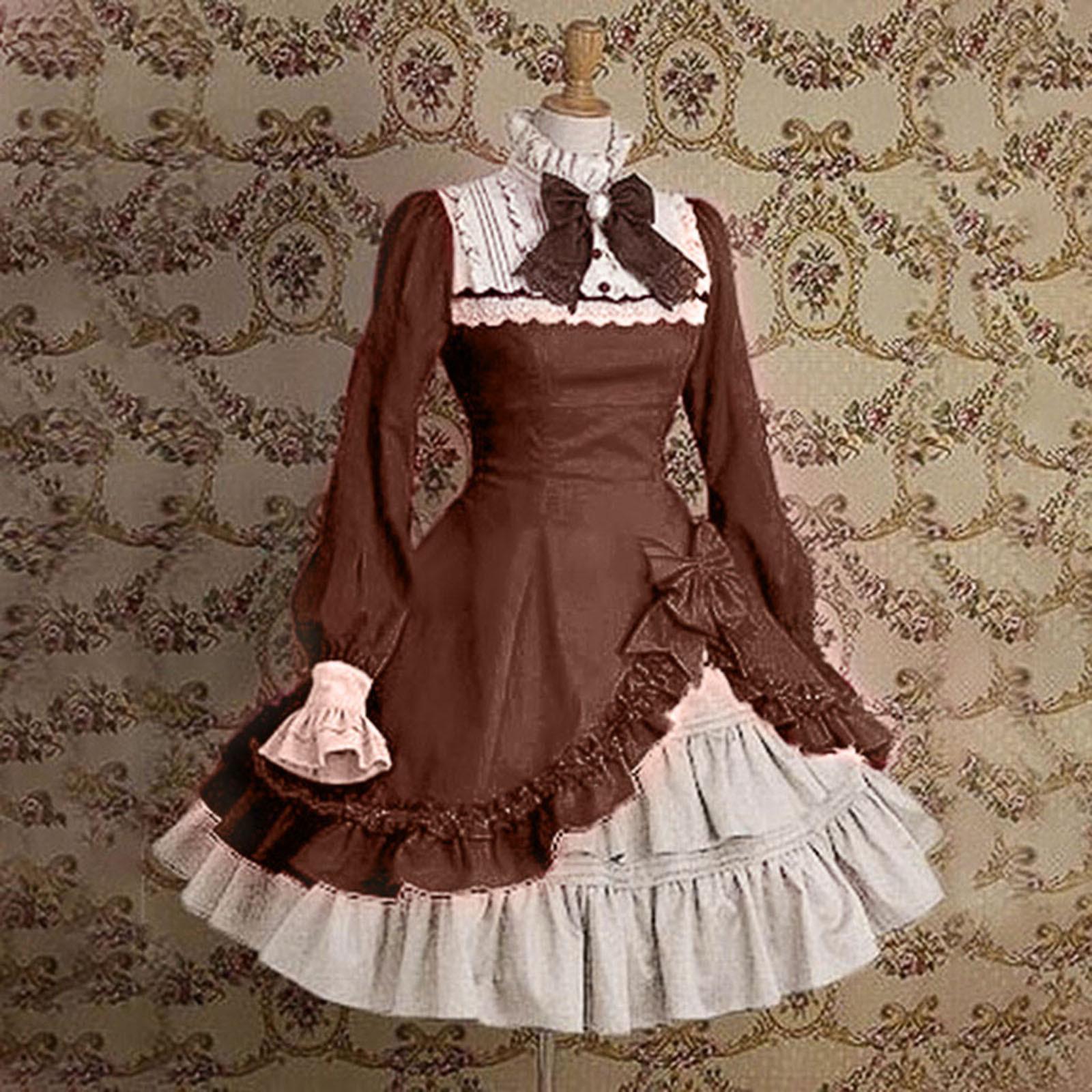 Dame Frauen Spitze Langarm Bowtie Cosplay Kostüme Party Kleid Mit Schleife Gothic XL braun