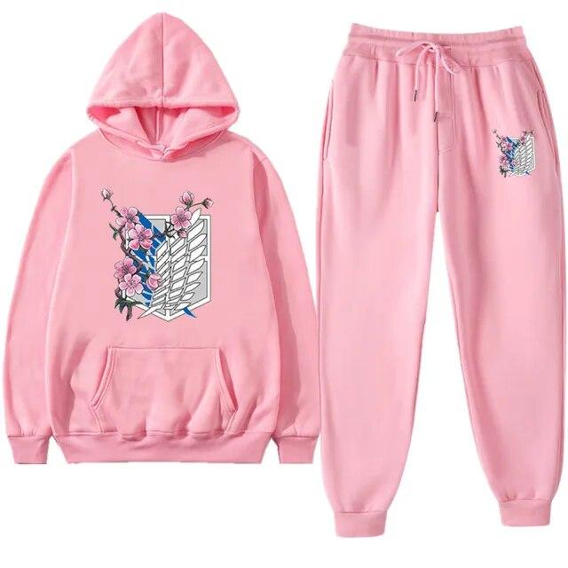 Anime Attack On Titan Levi Grüner Winter-Trainingsanzug, 2-teiliges Set, Kapuzenpullover und Hosen, Sportbekleidung, Anzug mit Kapuze, Trainingsanzug für Damen XL pink