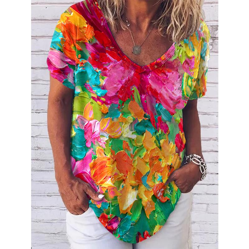 Mode frauen T-shirt 3d Floral Print Tops Tees V-ausschnitt, Kurzen Ärmeln Weibliche Kleidung Sommer Große Größe T Shirt der Frau Kleidung XL blue