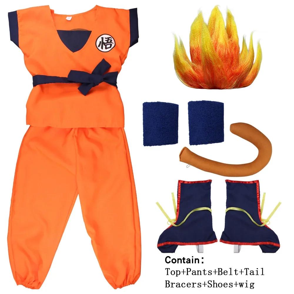 Kinder Anime Son Goku Cosplay Kostüme Krillin Trainingskleidung Superhelden Outfits mit Super Saiyajin Perücke Comic Con Party Kostüm 160cm orange