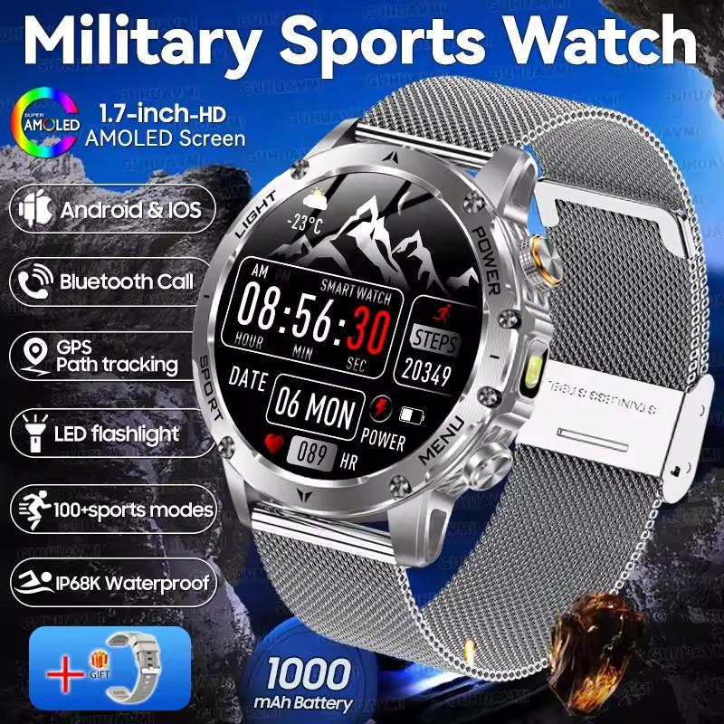 AK87 Herren 1000mAh Akku Smartwatch 1,7-Zoll Großer Bildschirm GPS-Tracking Herzfrequenz 3ATM Wasserdicht Kabelloser Anruf Sport Smartwatch Mesh Belt silber
