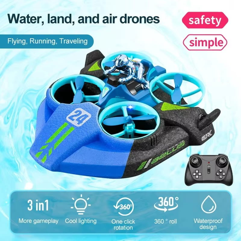 Ferngesteuerter Mini-Drohne mit fester Höhe, Headless-Modus, 3-in-1-Flug zu Wasser, zu Land und in der Luft, 2,4 G 6-Achsen-Quadcopter, RC-Meereshubschrauber für Kinder 2 Battery blau