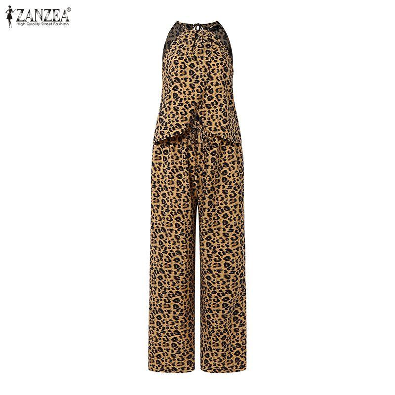 ZANZEA Damen Sets Ärmelloser Träger Unregelmäßige Tanktops und Freizeit Hosen Anzüge M Leo-Print/khaki