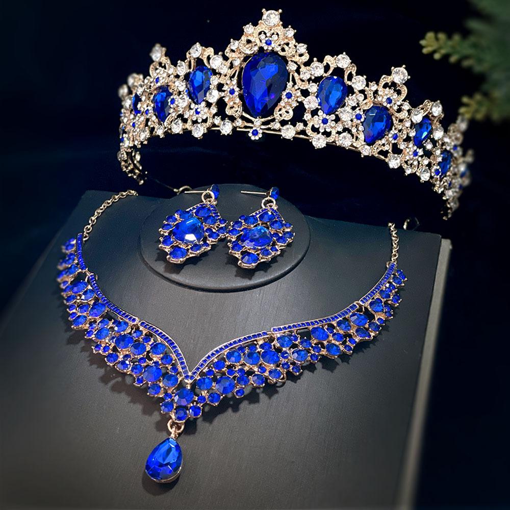 Dreiteiliges Set Brautaccessoires Hochzeitskrone Kopfschmuck Halskette Ohrringe Koreanischer Stil Super Fee Brautkleid und Abendkleid Accessoires blue