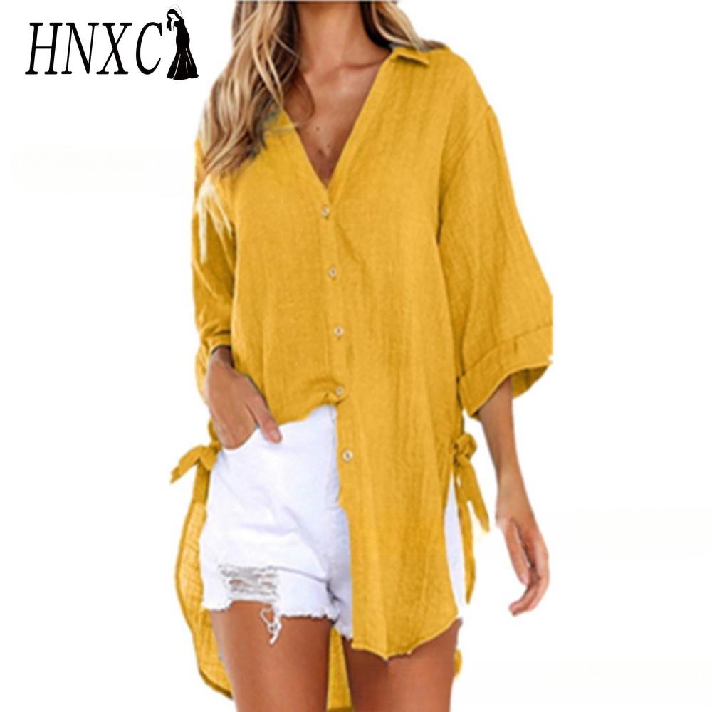 HNXC Damenmode Lässig Einfarbig Druck Langarm POLO Kragen Blusen & Hemden XXL gelb