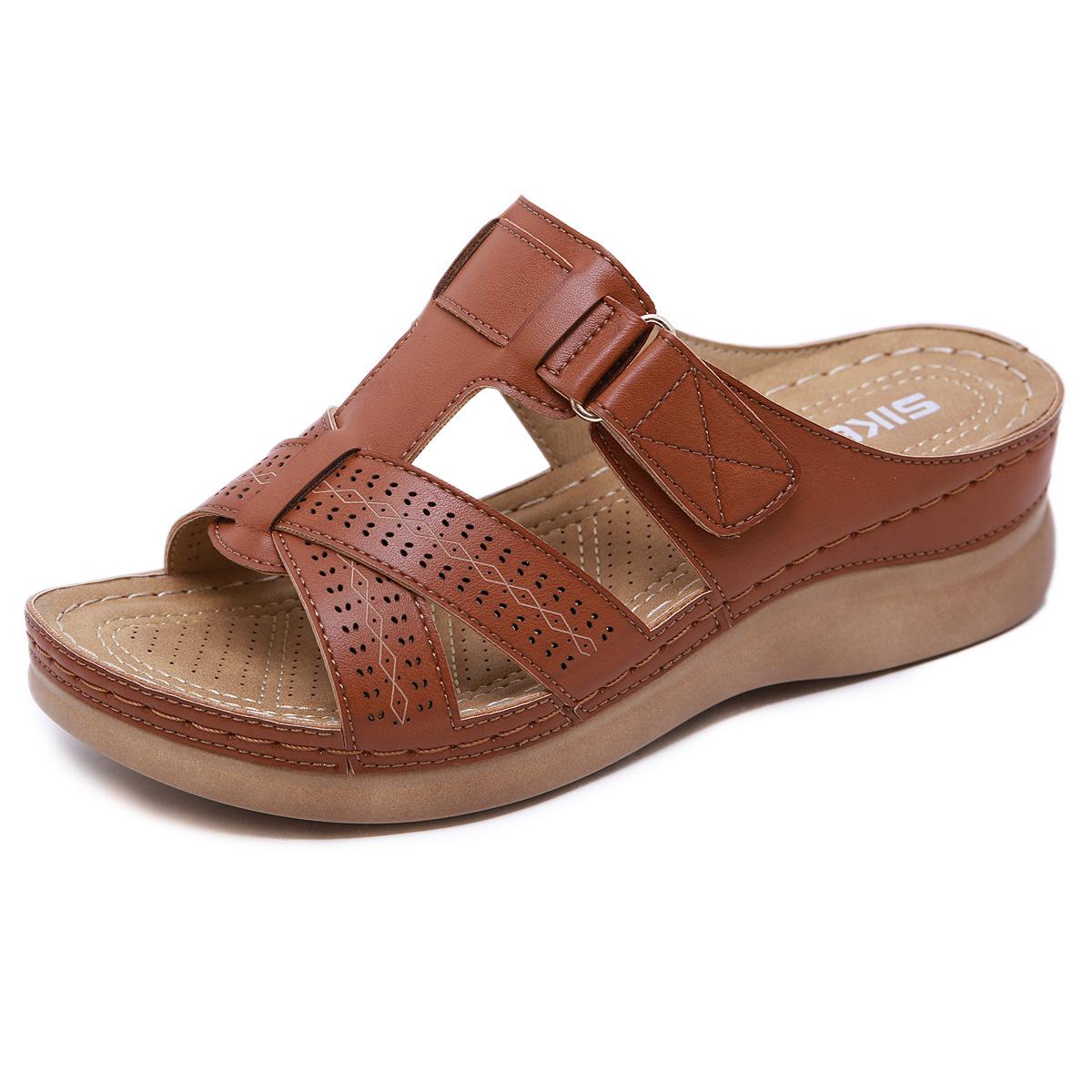 35-44 Sommer Damen Premium Orthopädische Offene Zehensandalen Weibliche Hausschuhe Schnallenriemen Vintage Anti-Rutsch-Atmungsaktive Hausschuhe Plus Size Sandalen 35 braun