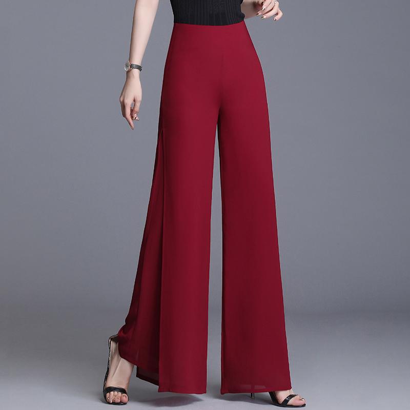 Sommer Chiffon Hohe Taille Hosen Frauen Mode Einfarbig Breite Bein Hosen Casual Seite Split Lange Hosen 33 wein rot