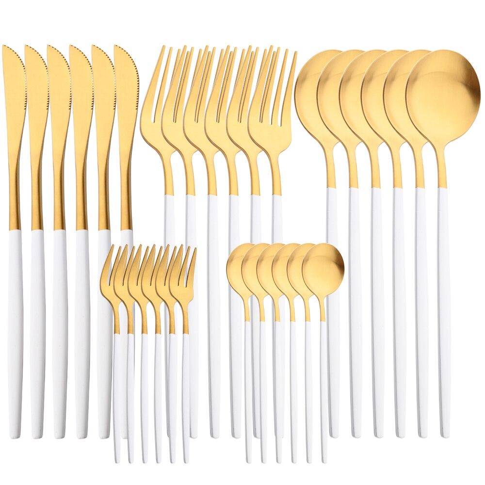 30-teiliges Besteckset aus Weißgold, matt, Geschirr, Messer, Gabel, Löffel, Edelstahl, Besteck, Küche, Party, Geschirr-Set weiß/gold
