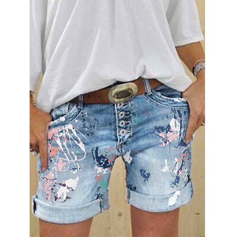 Sommer Damenmode Funky Cool Casual mit Löchern aufgerollt Tie Dye Print Jean Shorts Denim Shorts XXXL hellblaue