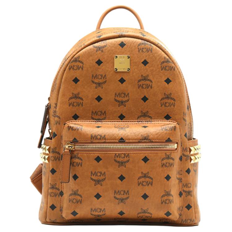 MCM Stark Klassisches Monogramm Beidseitig Nietenbesetzter Pendler Party Canvas Und Leder Rucksack Unisex Rucksack Braun Cognac MMKAAVE15CO001 Basic Set (Bag+Dust Bag)