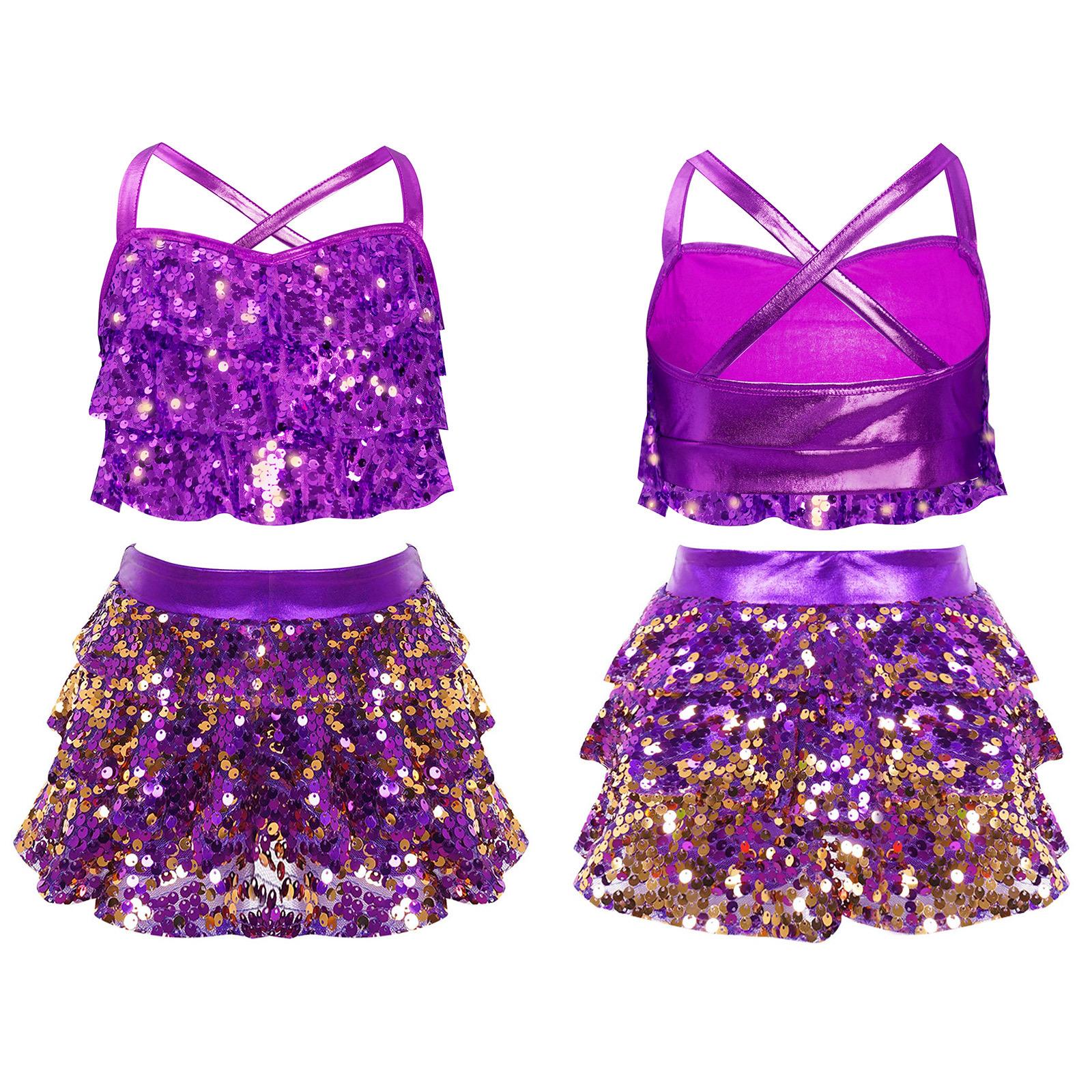 Mädchen Pailletten Jazz Tanz Outfit Kostüm Glänzendes Metallic Crop Top mit gestuftem Unitard Rock Schul Basketball Cheerleading Kostüm 11-12 Years violett