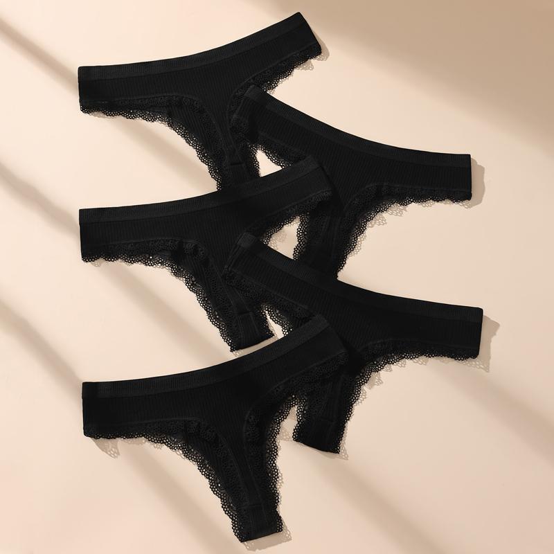5 Stück Damen Strings Sexy Spitze Slips Niedrige Taille Unterwäsche Mädchen Slips G-String Atmungsaktive Damen Slips Schwarz Weibliche Dessous S-XL S&5pcs schwarz