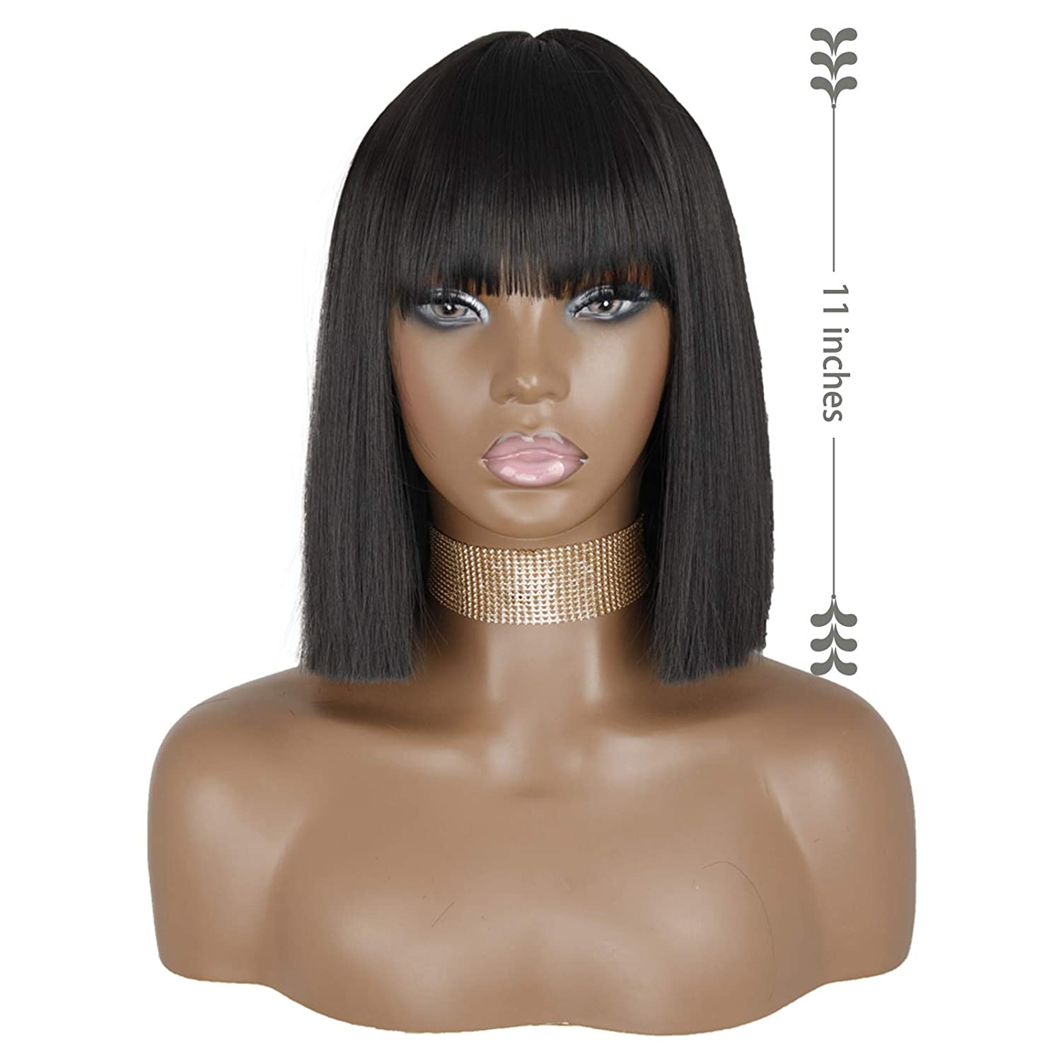 MISSQUEEN Kurze schwarze Bob-Perücke mit Pony, gerade schwarze synthetische Bob-Perücken für Frauen, natürliche Bob-Mittelteil-Perücke