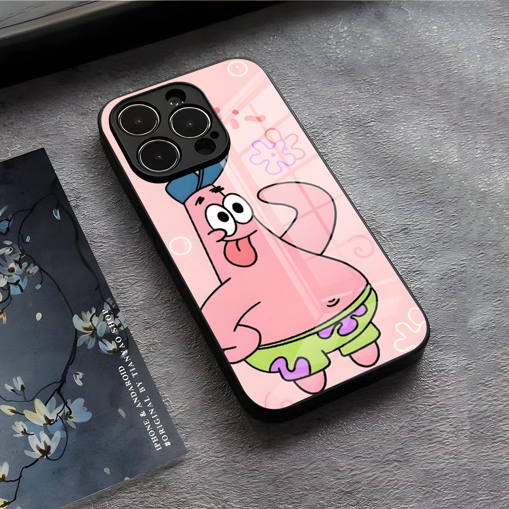 S-SpongeBob P-Patrick Star Handyhülle Für IPhone 17 Air 16 E Pro Max 15 14 13 Mini 12 Pro 11 Max Plus Schwarze Glasabdeckung iPhone 15 Plus
