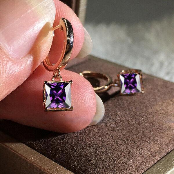 Rose Gold Silber Farbe Luxus Princess Cut Weiß Blau Rot Grün Stein Tropfen Ohrstecker Damen Hochzeit Schmuck Geschenke rose gold/violett