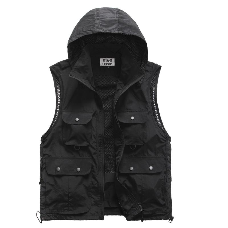 Westen mit Kapuze und mehreren Taschen für Männer und Frauen, Weste, Weste für Fotografen, Reporter, Freiwillige, Werkzeuge, Taschen, Arbeitsuniformen L schwarz