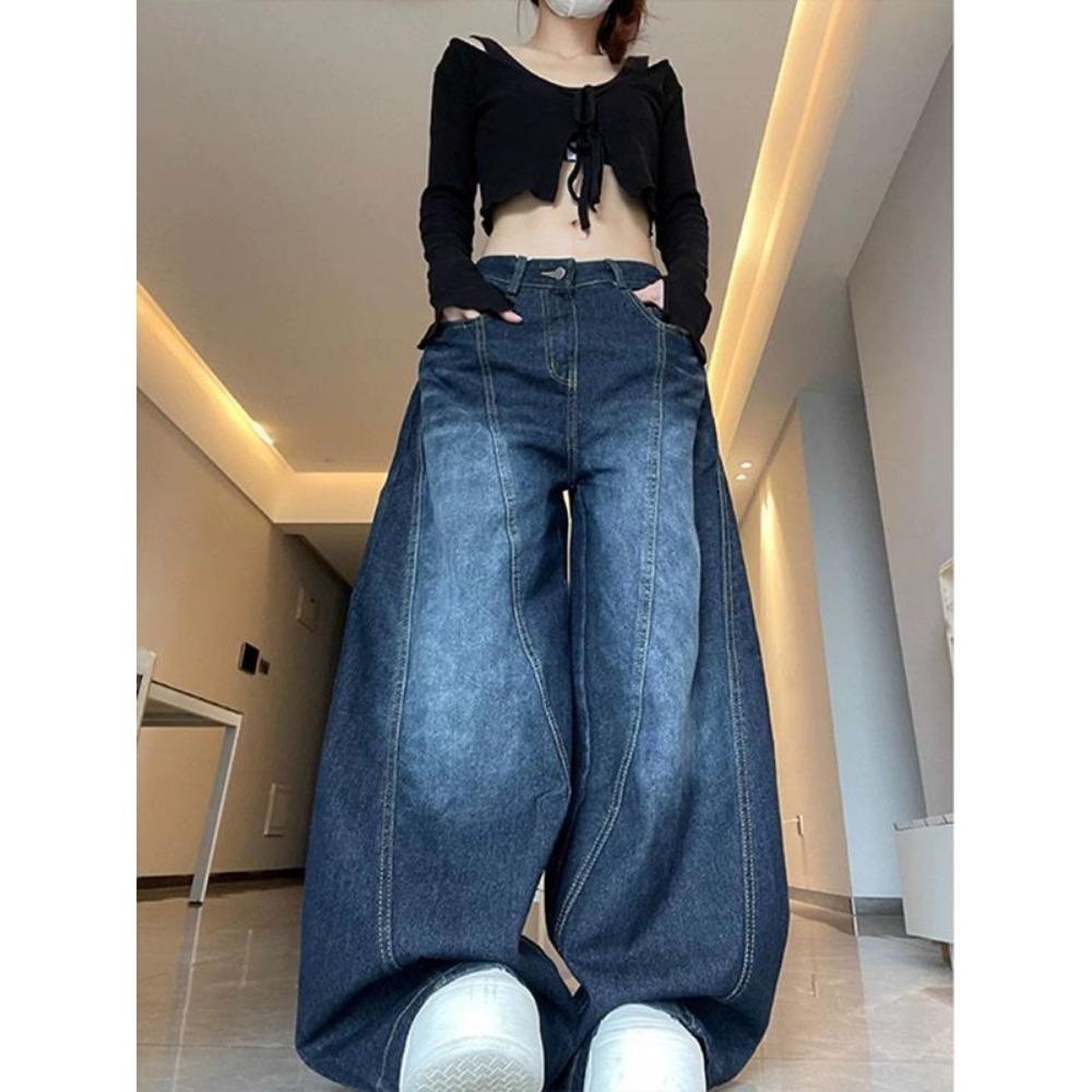 RogueWave Damenjeans Hohe Taille Vintage Design Hip Hop Straight Baggy Denimhosen Street Y2K Amerikanischer Stil Weites Bein Denimhose S blau