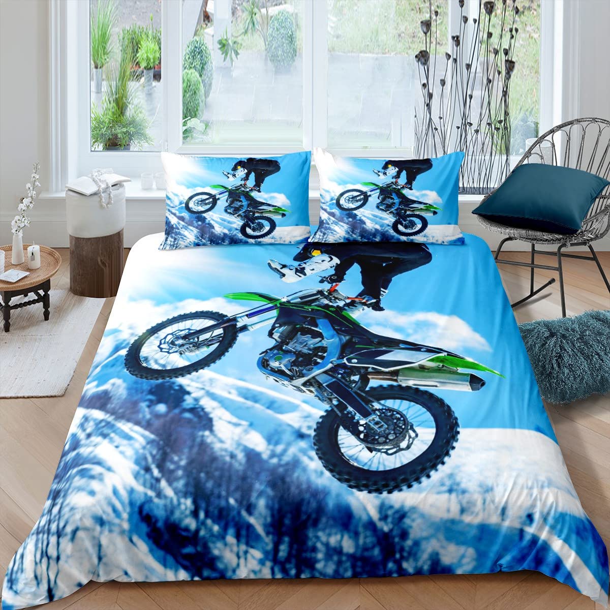 Motorrad Bettbezug Set Einzelgröße Motocross Fahrer Bettwäsche Set Rennmotorrad Dirtbike Extremsport Polyester Steppdeckenbezug 70x133cm 2pcs