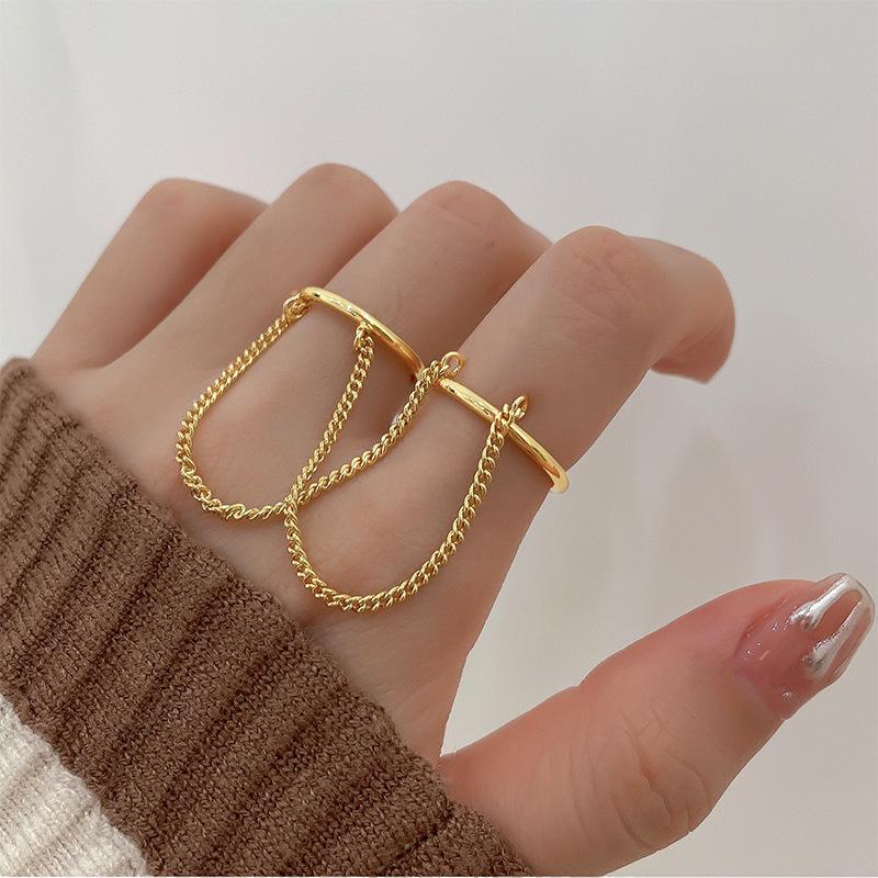 Mode Punk Kette Doppelring Set Damen Hip Hop Offener Ring Metall Farbe Kette Geometrisch Party Schmuck Geschenke gray